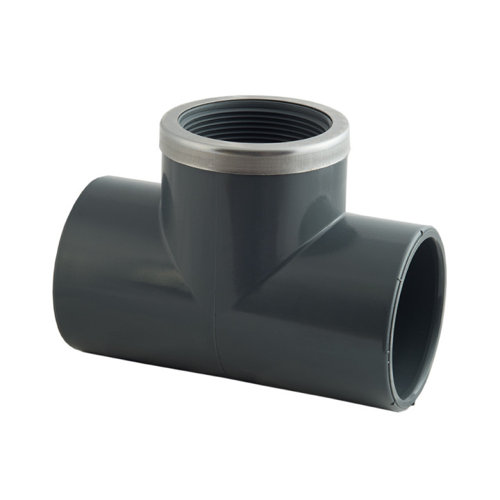 PVC T-stuk 90° Lijmsok met RVS ring PN 16