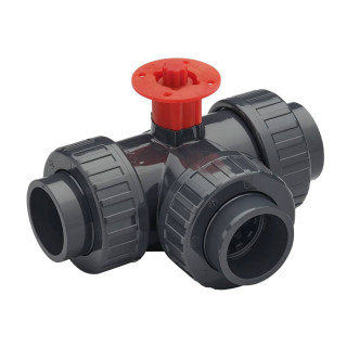 PVC 3-weg kogelkraan met T-boring en ISO-montageplaat lijmsokF PN10