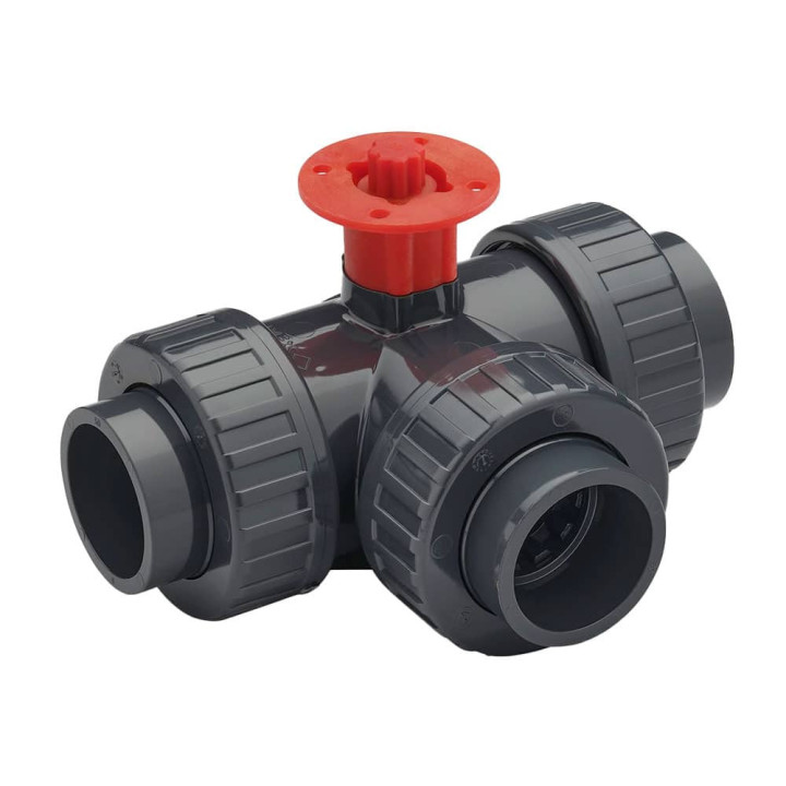 PVC 3-weg kogelkraan met T-boring en ISO-montageplaat lijmsokF PN10